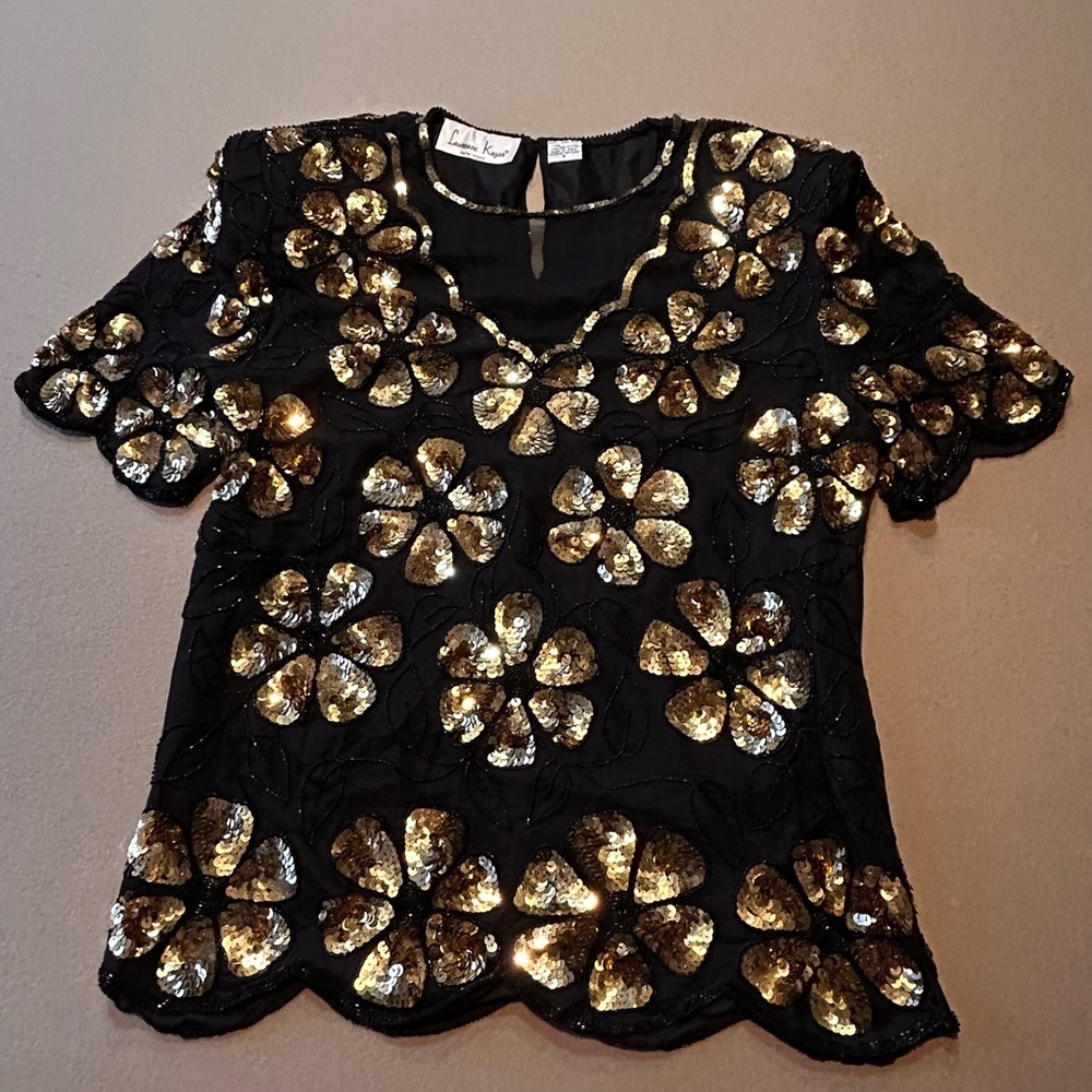 NWOT Vintage Laurence Kazar Black and Gold Floral Sequin Top Size Small​